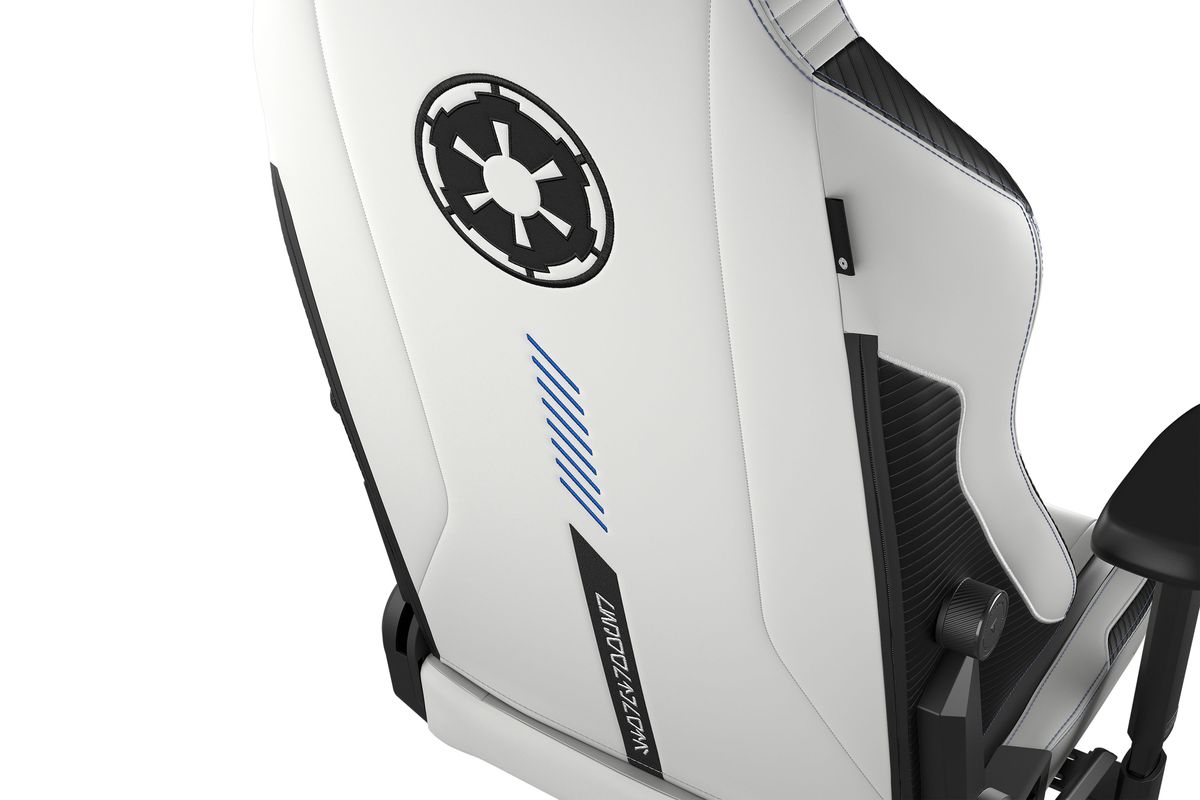 Close-up of the back of a black-and-white Star Wars gaming chair