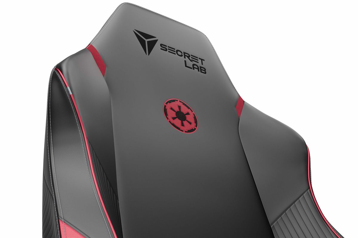 Close-up of the front of a red-and-black Star Wars gaming chair