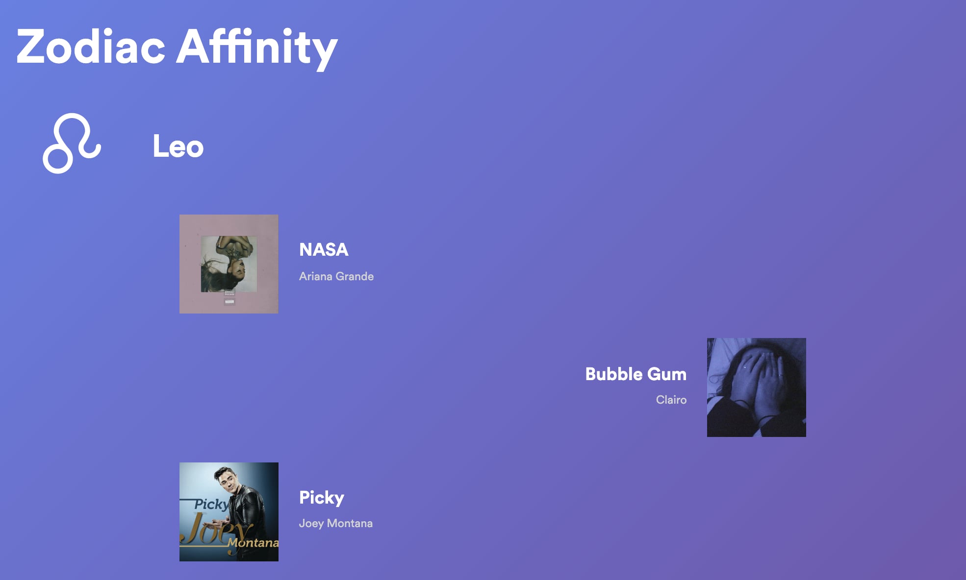 Zodiac Affinity card for Leo is purple with white letters. Songs included are NASA by Ariana Grande, Bubble Gum by Clairo, and Picky by Joey Montana.