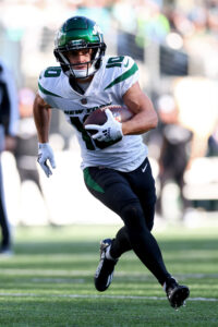 New York Jets player Braxton Berrios in an October 9, 2022 game against the Miami Dolphins at MetLife Stadium