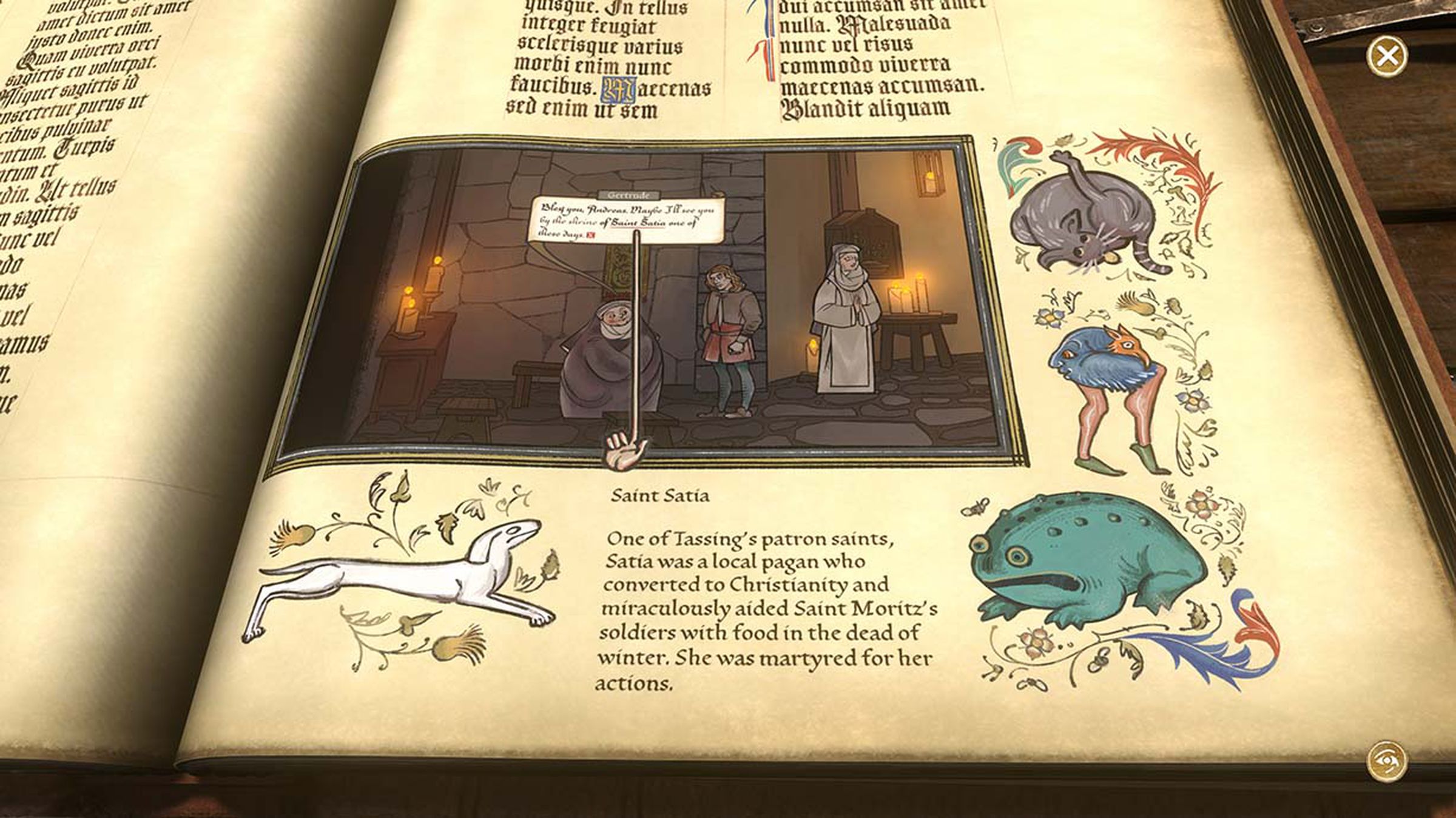 Screenshot from Pentiment featuring the gameplay screen bordered by Latin script to make the game look like a picture in an illustrated manuscript