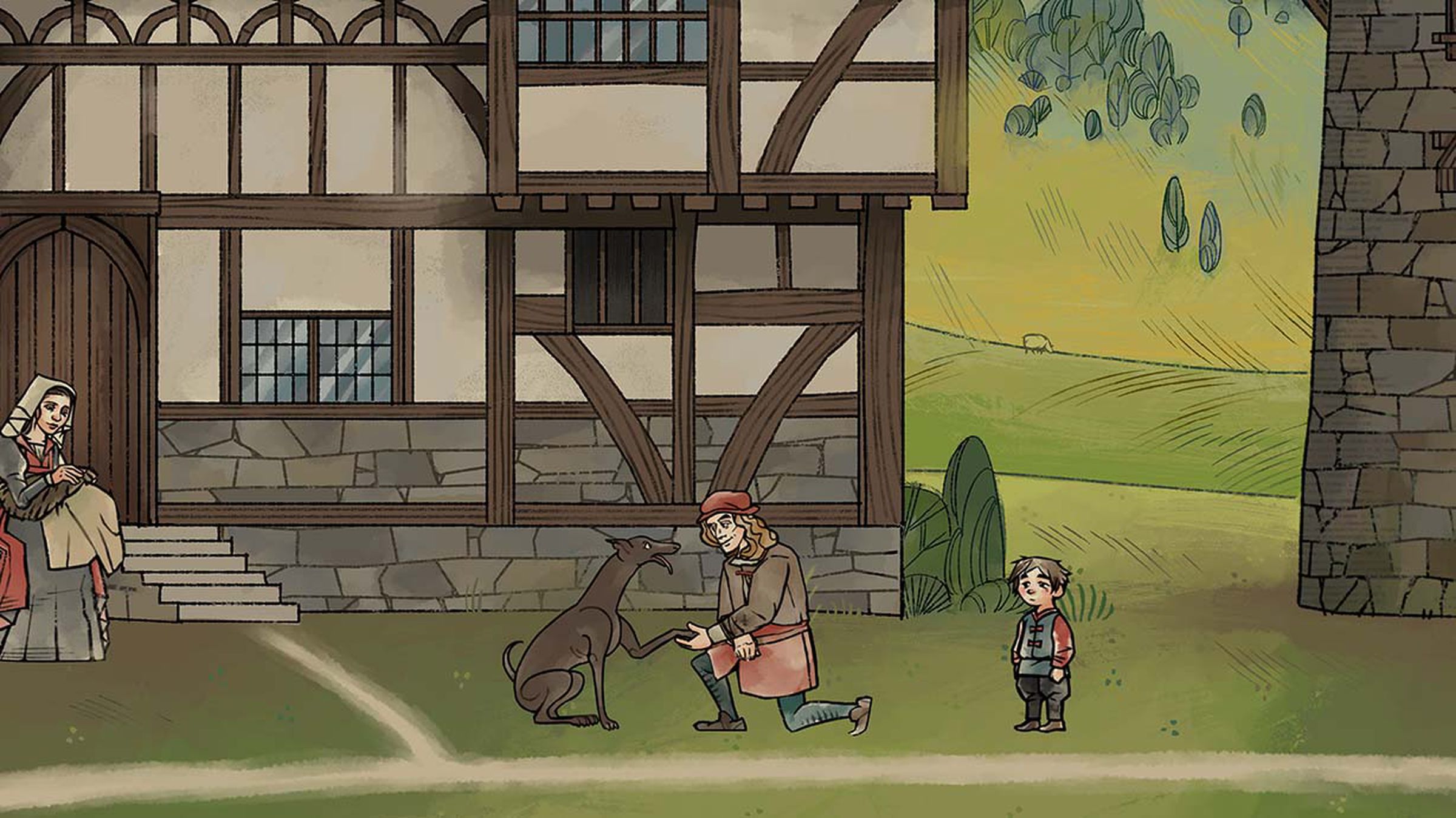 Screenshot from Pentiment featuring a man in 16th-century clothing animated to look like a picture from an illustrated manuscript, petting a greyhound as a small child looks on.