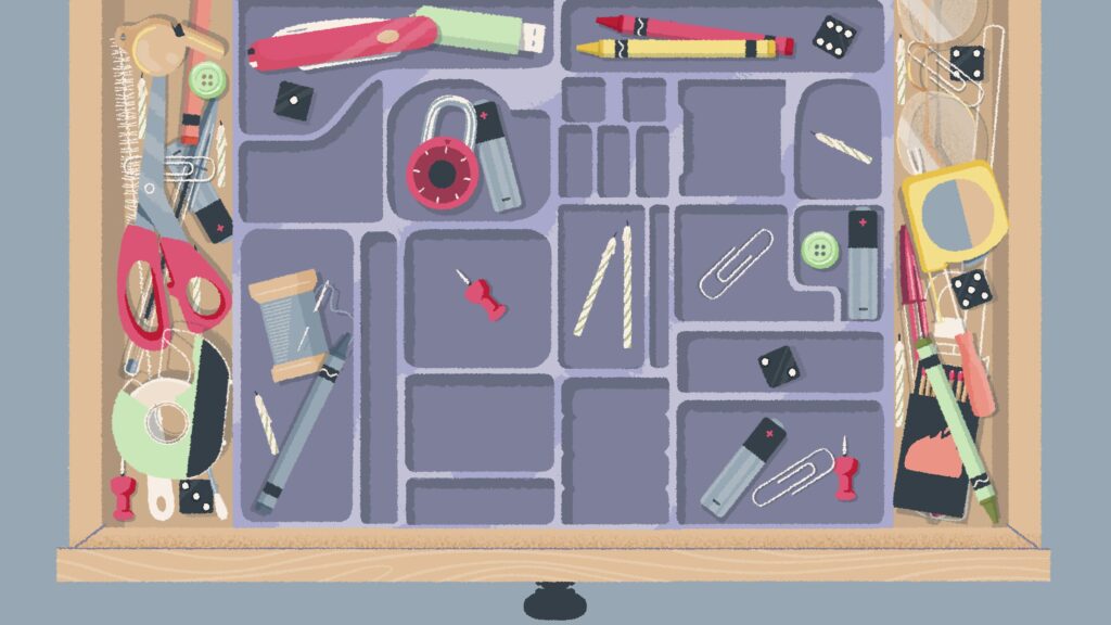 Screenshot from A Little to the Left featuring a disorganized junk drawer with candles, measuring tape, paper clips, pens, and more strewn to the side that the player must order