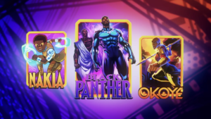 Graphic from Marvel Snap featuring the Nakia, Black Panther, and Okokye cards on a purple background