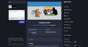 Front page of Mastodon.social social networking server, with welcome cartoon.