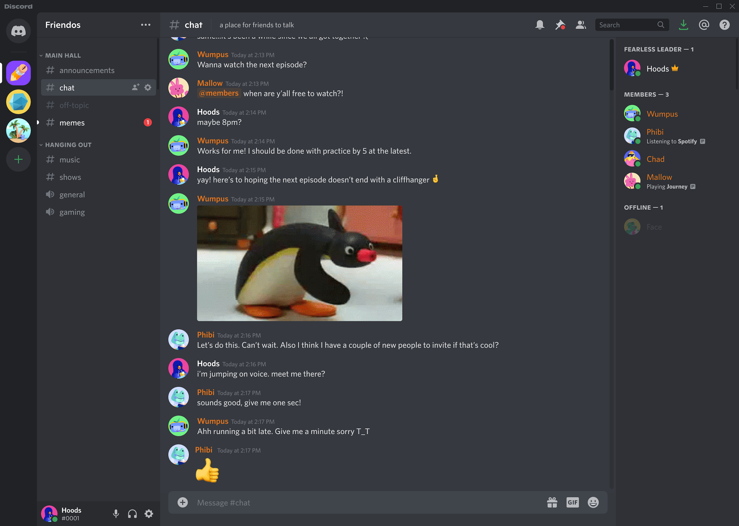 Discord page with conversation and photo of animated penguin.