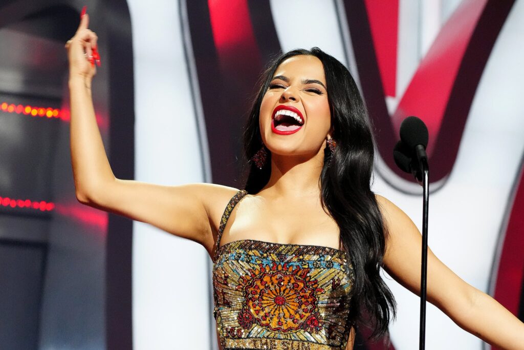 NEWARK, NEW JERSEY - AUGUST 28: Becky G speaks onstage at the 2022 MTV VMAs at Prudential Center on August 28, 2022 in Newark, New Jersey. (Photo by Jeff Kravitz/Getty Images for MTV/Paramount Global)