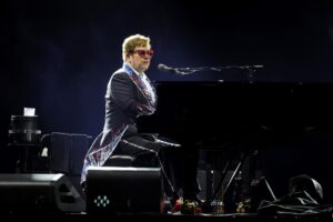 Recording artist Sir Elton John performs the song "Bennie and the Jets" during a stop of his Farewell Yellow Brick Road: The Final Tour at Allegiant Stadium on November 01, 2022 in Las Vegas, Nevada.