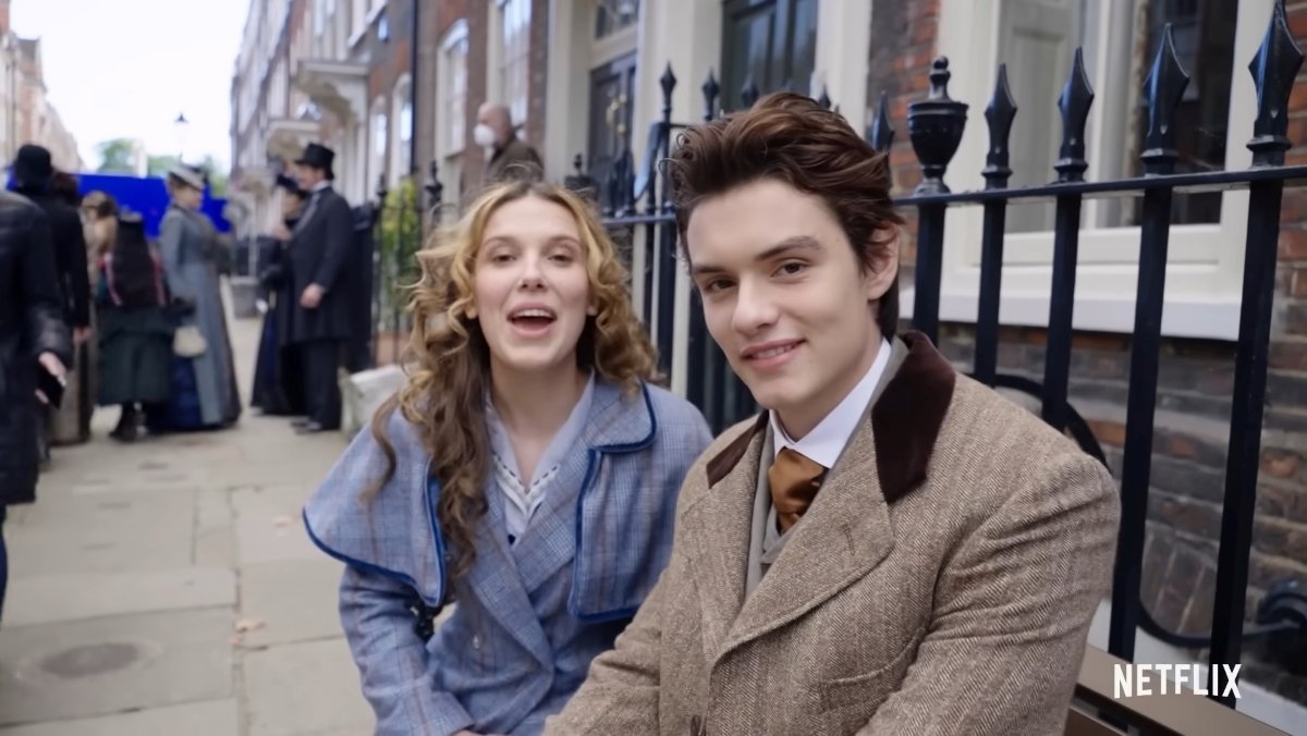 Millie Bobby Brown and Louis Partridge on set of Enola Holmes 2