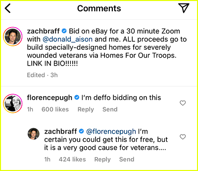 Florence Pugh comment on Zach Braff Instagram post