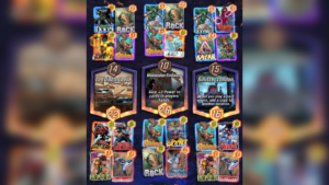 Screenshot from a completed match of Marvel Snap featuring a game field filled with various cards.