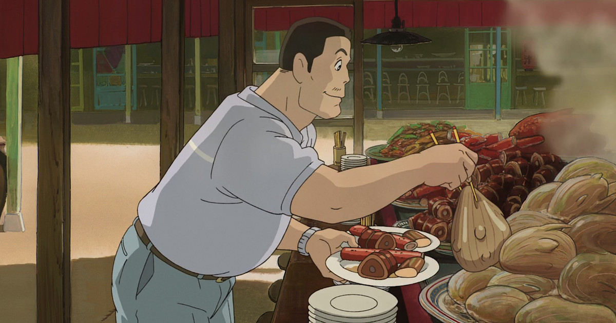 Chihiro’s dad, a heavyset man with short hair and a tiny mustache, piles strange, glistening meats onto a pair of plates from a mysterious unattended buffet in Studio Ghibli’s animated movie Spirited Away
