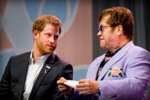 Elton John and Prince Harry attend the 2018 International AIDS Conference on July 24, 2018, in Amsterdam.