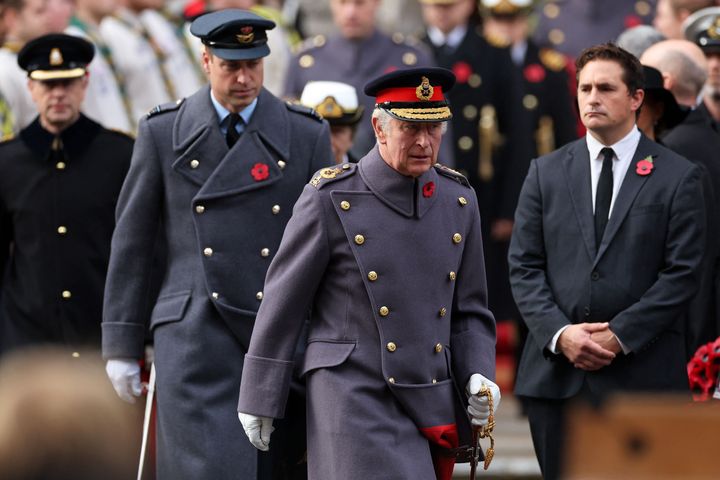 Prince William and King Charles III attend the Remembrance Sunday ceremony at the Cenotaph on Whitehall in London on Nov. 13.