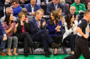 Mayor of Boston Michelle Wu, Gov.-elect Maura Healey, William and Kate, and Emilia Fazzalari, wife of Celtics owner Wyc Grousbeck, attend the NBA game between the Boston Celtics and the Miami Heat on Wednesday.