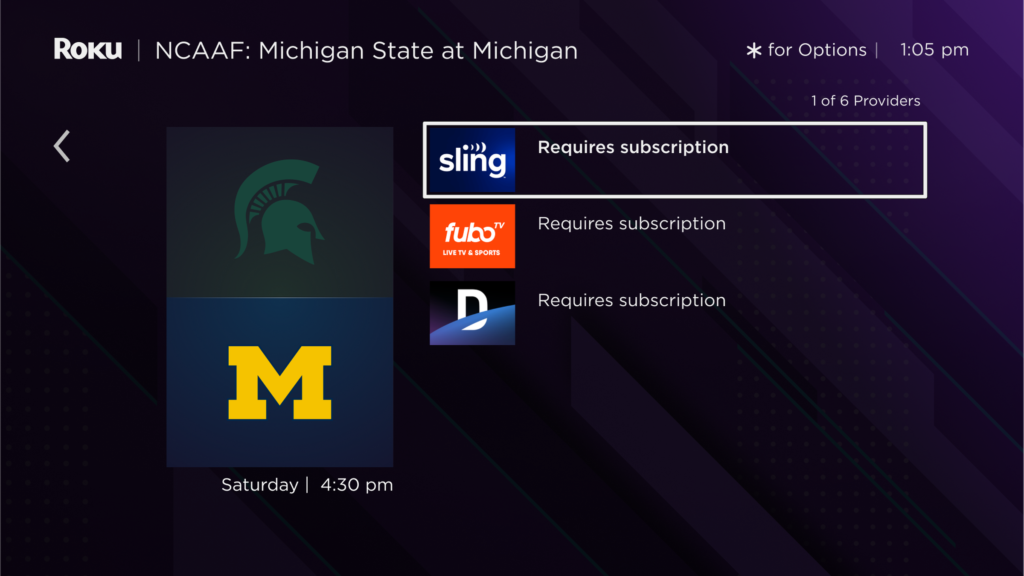 A screenshot of Roku OS displaying different options for streaming a college football game.