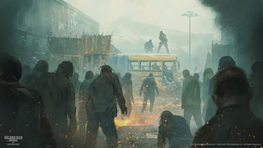 Survivors hold a bus-sized barricade. Barbed wire and shipping containers funnel walkers into a kill zone.