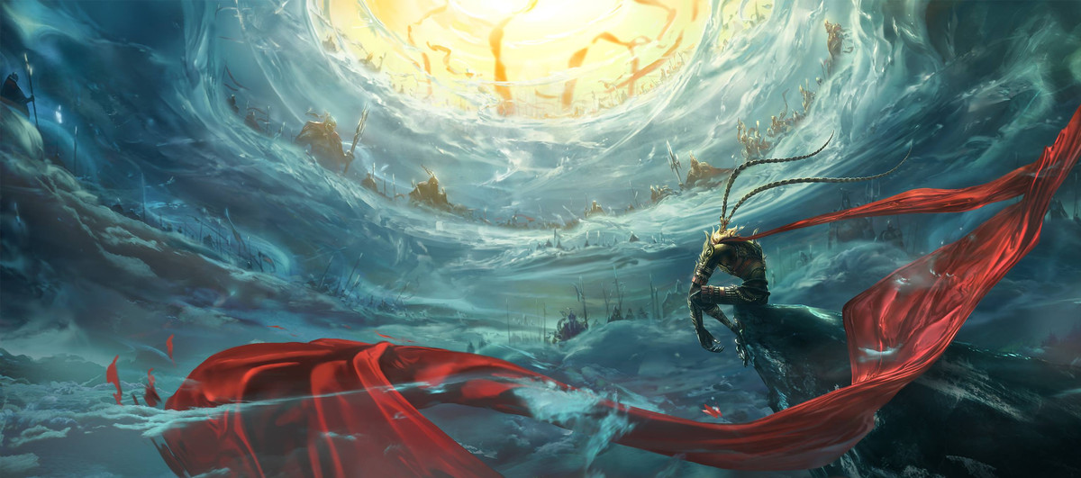 Wukong the Monkey King sits in deep reflection in an image that looks like he’s in the middle of a twisting wave. A red cape swirls around him, in Monkey King: Hero is Back.