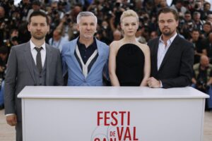 (L-R):Tobey Maguire, Baz Luhrmann, Carey Mulligan, and Leonardo DiCaprio posing at Cannes film festival