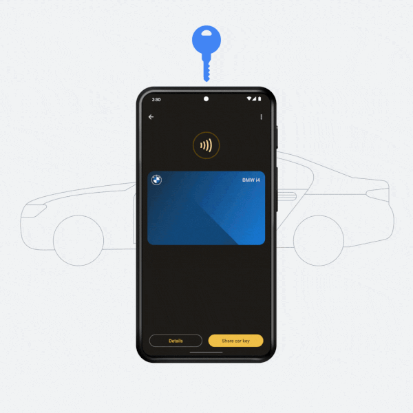 A gif of a phone displaying how Android’s new Digital Car Key feature will work.