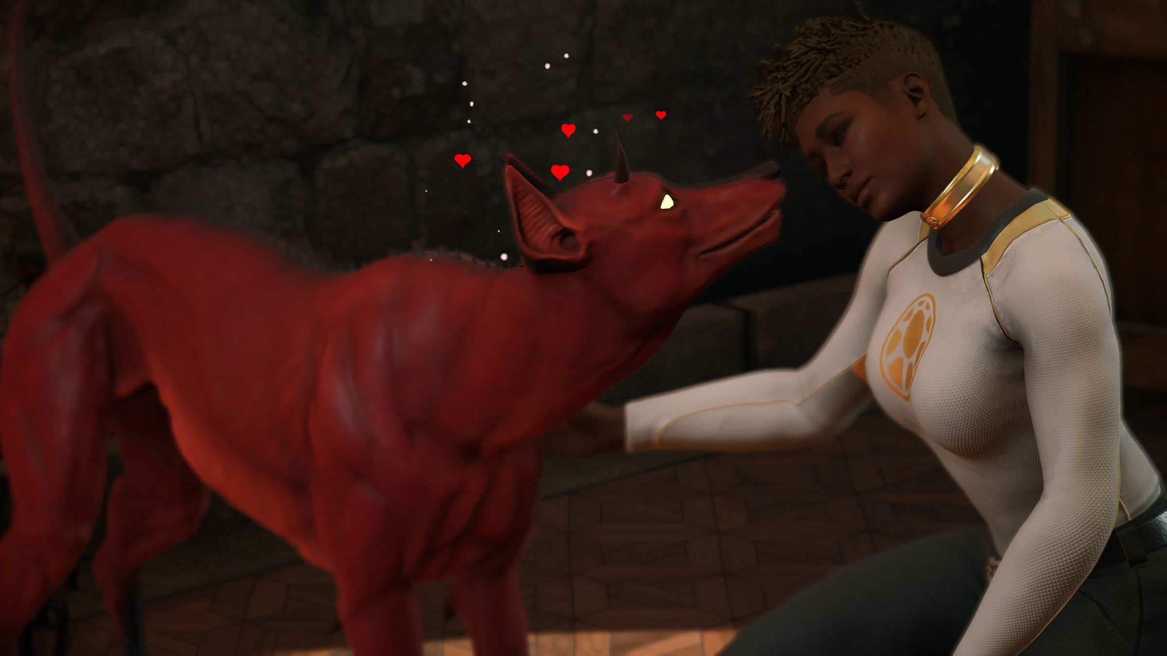 Screenshot from Midnight Suns featuring the Hunter player character petting a red demonic dog with horns as hearts bubble between them