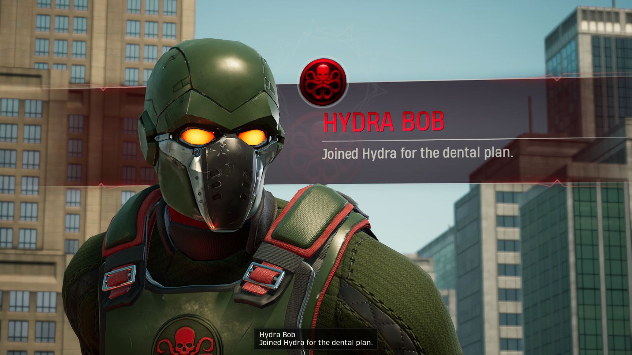 Screenshot from Marvel’s Midnight Suns featuring a minion character named “Hydra Bob” with words beside his body saying “Hydra Bob, Joined Hydra for the dental plan.”