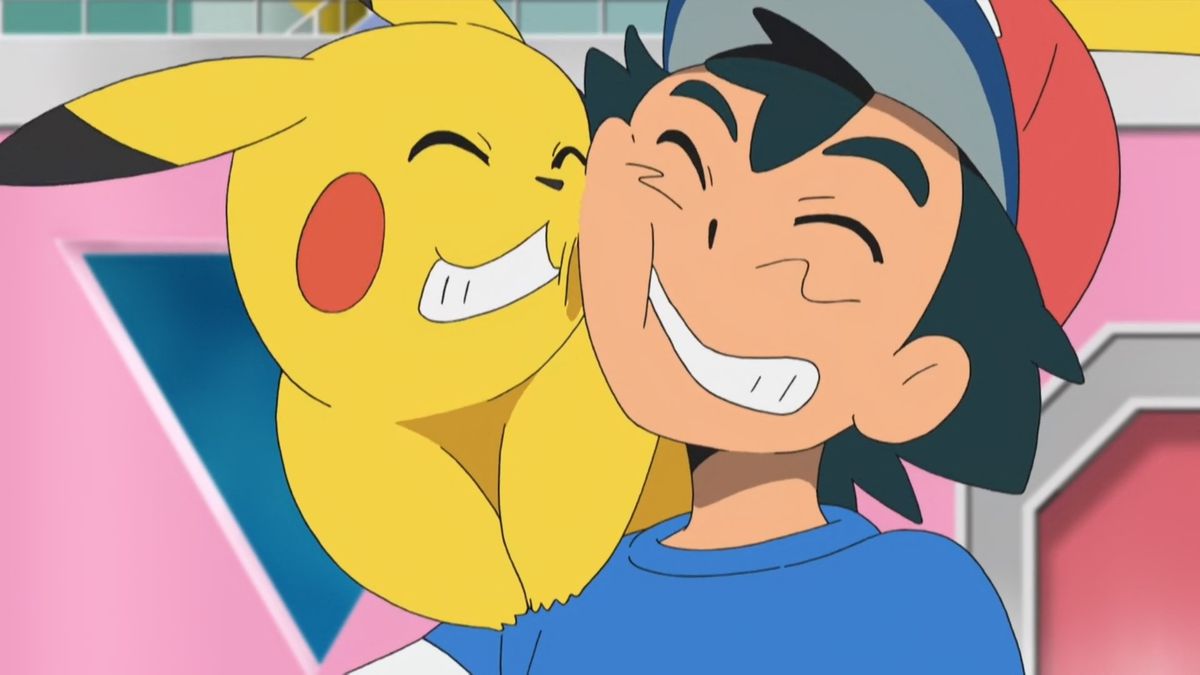 A smiling anime boy with black hair and a red cap (Ash) rubbing his face against a yellow smiling creature (Pikachu) on his shoulder.