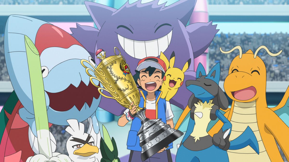 An image of Ash holding the trophy for the Pokemon World Coronation Series. He is smiling with his team: Pikachu, Dracovish, Gengar, Sirfetch’d, Lucario, and Dragonite.