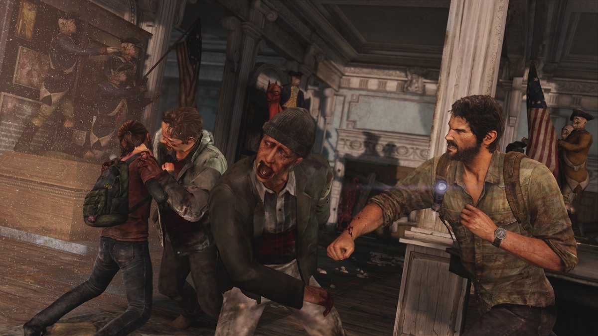 Runners, infected people, attack Joel and Ellie in The Last of Us game.