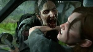 An infected person attacks Ellie in a car in The Last of Us Part II.