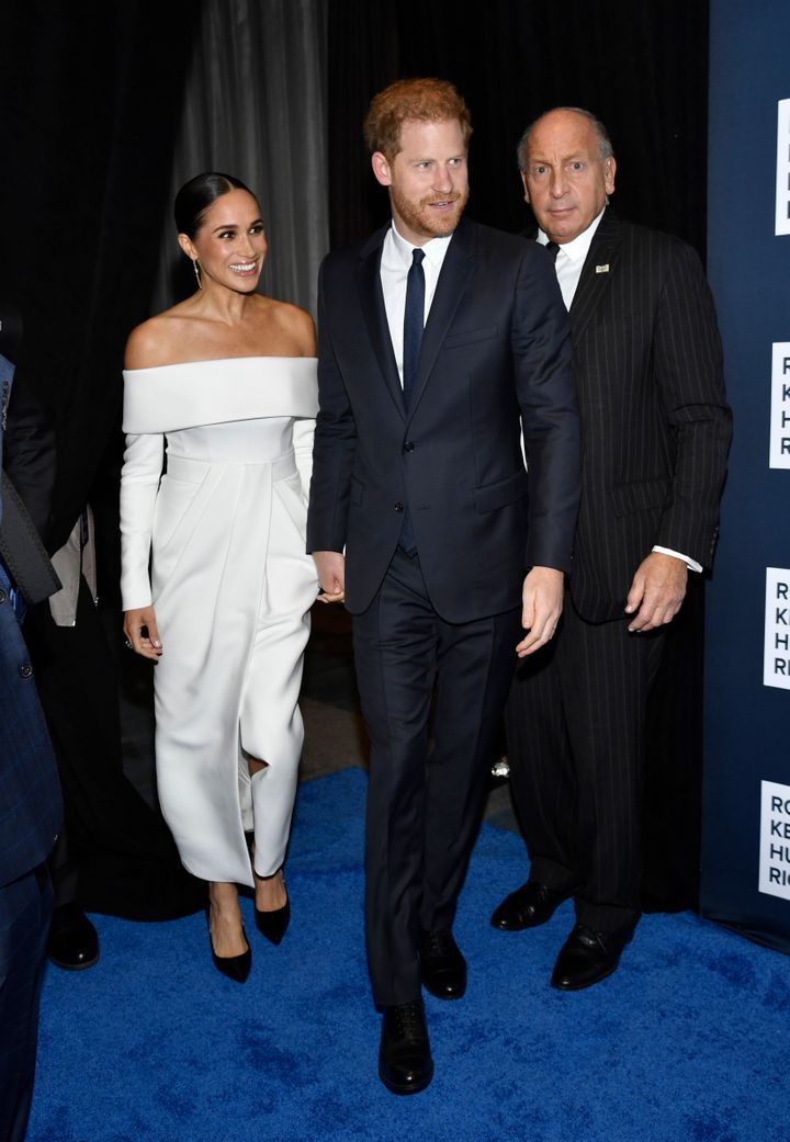 Meghan, Duchess of Sussex, left, and Prince Harry, center, attend the Robert F. Kennedy Human Rights Ripple of Hope Awards Gala at the New York Hilton Midtown on Tuesday, Dec. 6, 2022, in New York.