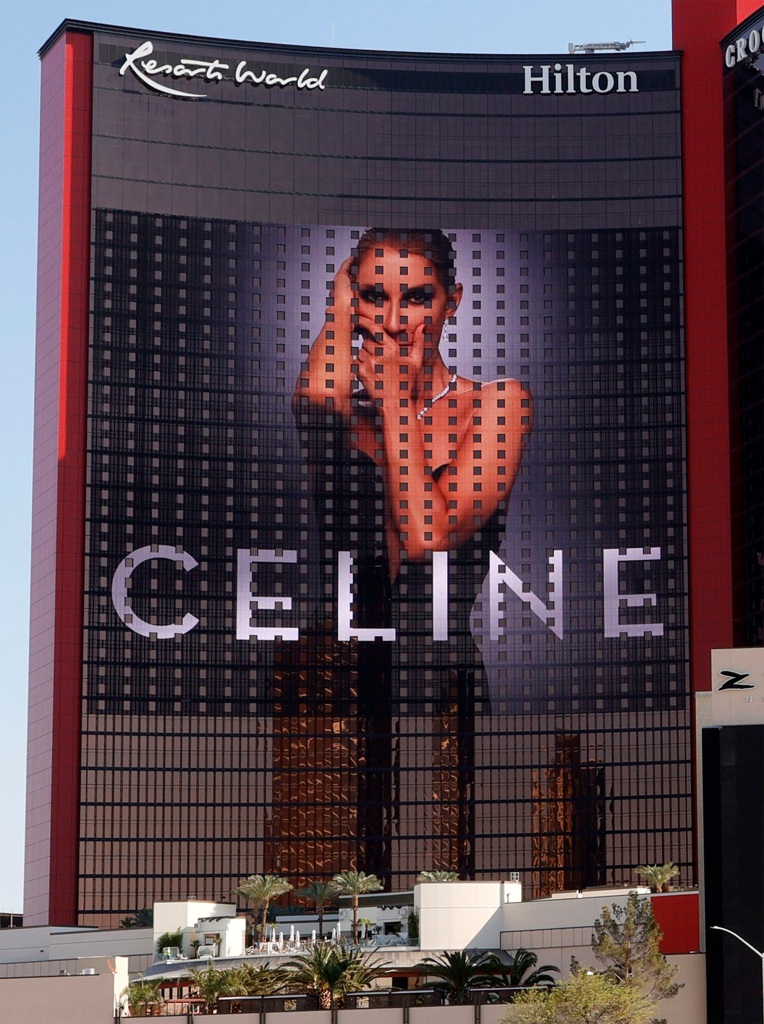 An LED screen displays an advertisement for Celine Dion's upcoming residency as construction continues at Resorts World Las Vegas on June 20, 2021 in Las Vegas, Nevada.