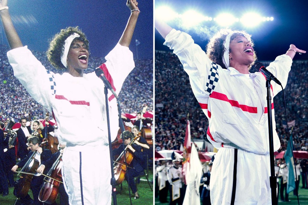 Whitney Houston at the 1991 Super Bowl and Naomi Ackie in "I Wanna Dance with Somebody."