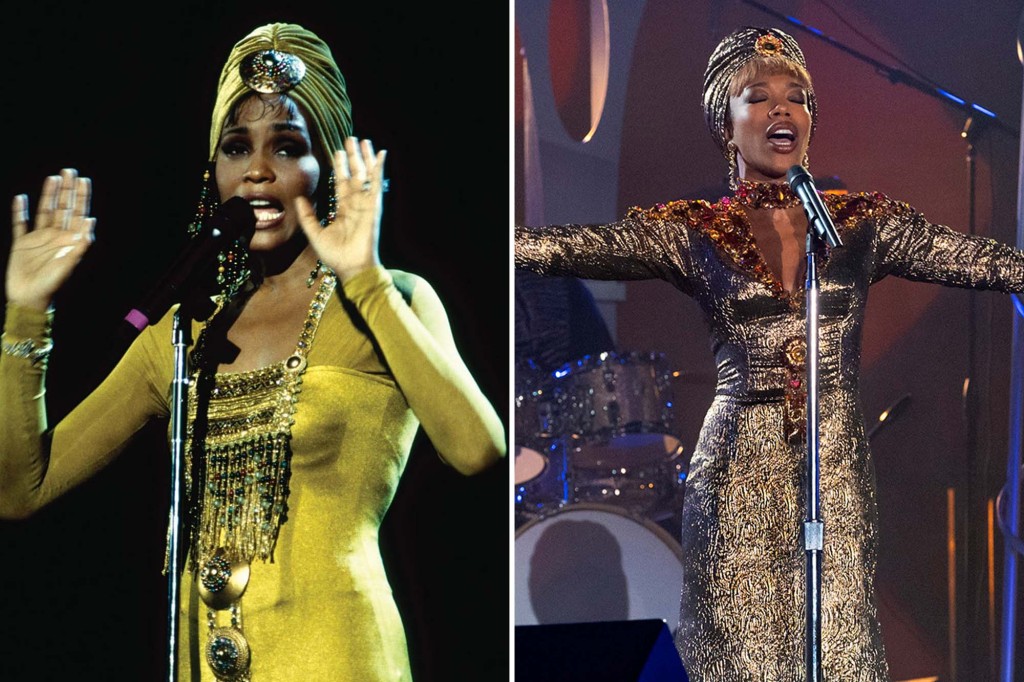 Whitney Houston at the Concert for a New South Africa and Naomi Ackie re-creating it in "I Wanna Dance with Somebody."