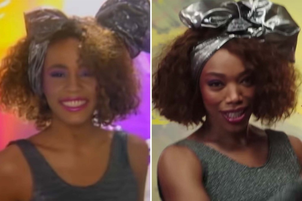 Whitney Houston in the "How Will I Know" video and Naomi Ackie re-creating it in "I Wanna Dance with Somebody."