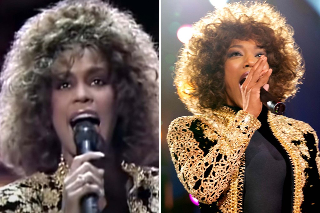 Whitney Houston at 1990's That's What Friends Are For: Arista Records 15th Anniversary Concert in 1990 and Naomi Ackie re-creating it in "I Wanna Dance with Somebody."