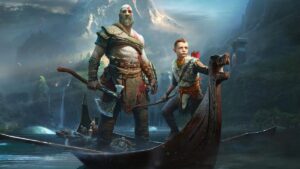 Kratos and Atreus standing in a boat in God of War (2018)