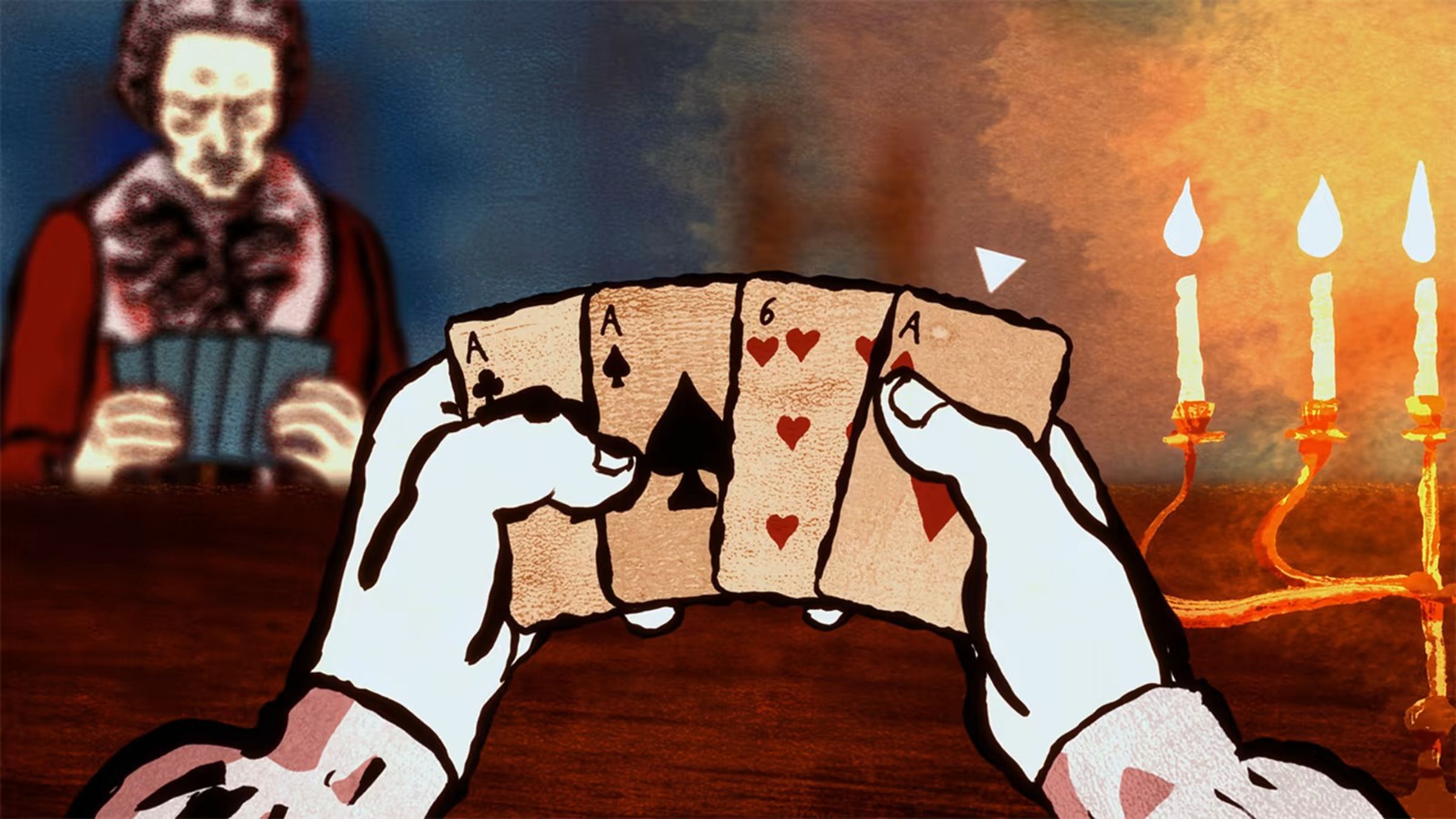 A first person view of four cards - three aces and one six of hearts — with a man across the table.
