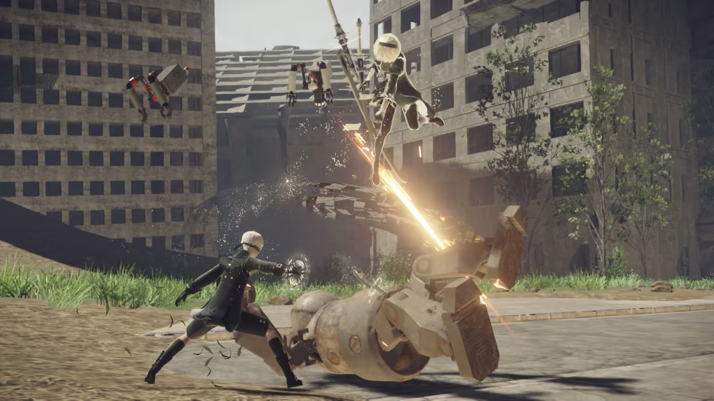 A man in black battled a mechanical creature with empty buildings in background.