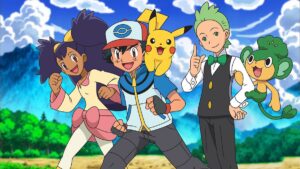 A purple-haired anime girl (Iris), a black-haired anime boy (Ash) with a yellow creature on his shoulder (Pikachu), and a green-haired anime boy  (Cilan) with a tan and green creature (Pansage) hanging on his arm, stand in front of a field of trees and mountains.