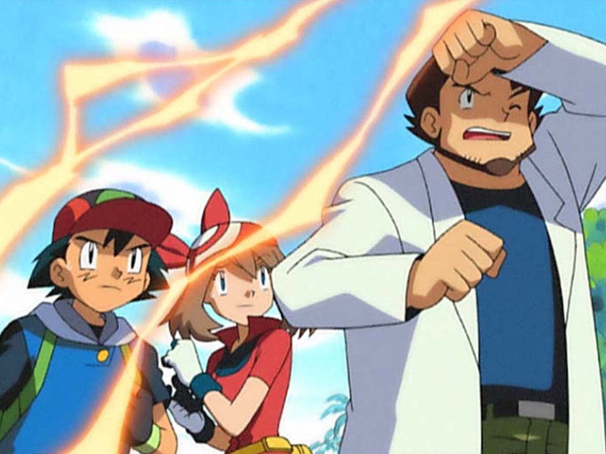 A black-haired anime boy with a blue jacket and red cap (Ash), a brown-haired anime girl wearing a red shirt and bandanna (May), and a bearded man in a white lab coat (Professor Birch) recoil from sparks of lightning emanating something from off-screen.
