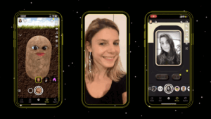 A GIF showing three animated phone screens with Lenses. One includes buttons and sliders with different options.