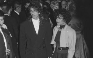 black and white photo of Janet Jackson (R) and Rene Elizondo in 1988