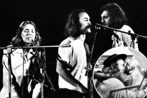 Joni Mitchell, David Crosby, Graham Nash and Neil Young performing in 1974, with an inset of Crosby and Mitchell kissing.