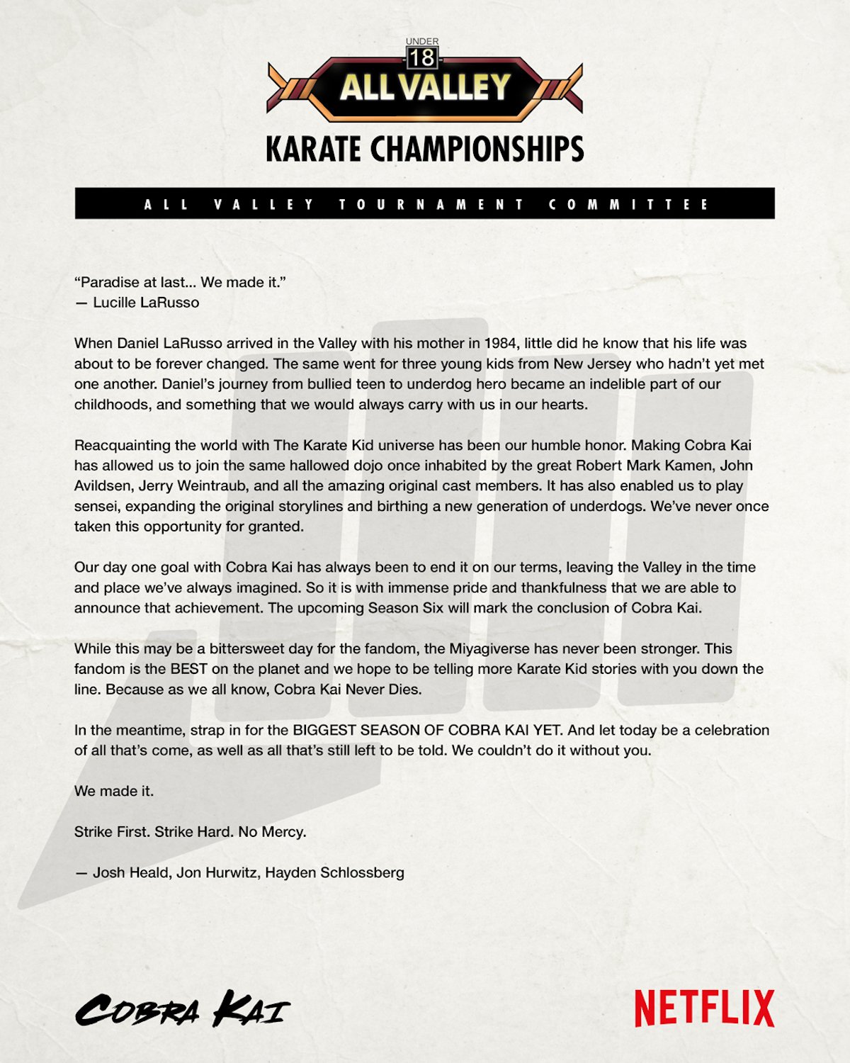 An open letter from the creators of Cobra Kai talking about the sixth and final season of the show