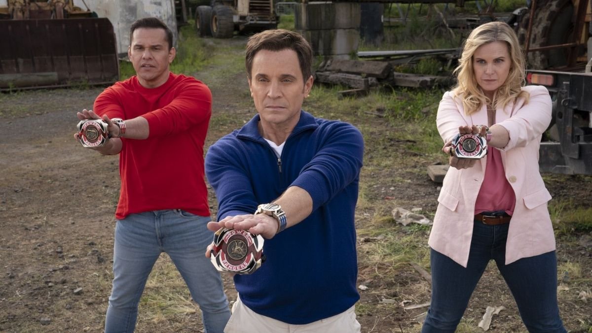three power rangers standing together in power rangers netflix special