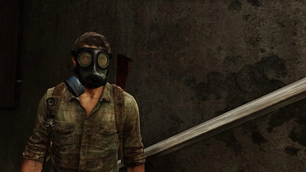 Joel wears a gas mask in a clip from The Last of Us video game