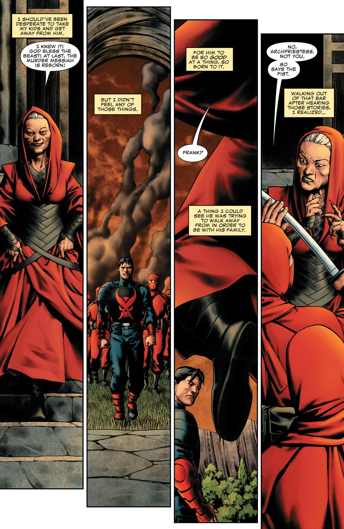 The Punisher’s ninjas stop the high priestess of the Hand from approaching him. In narration, Maria Castle says that she should have been afraid of her husband after finding out how good her husband was at murder. But she saw that he was trying to leave it behind out of love for his family, in Punisher #9 (2023). 
