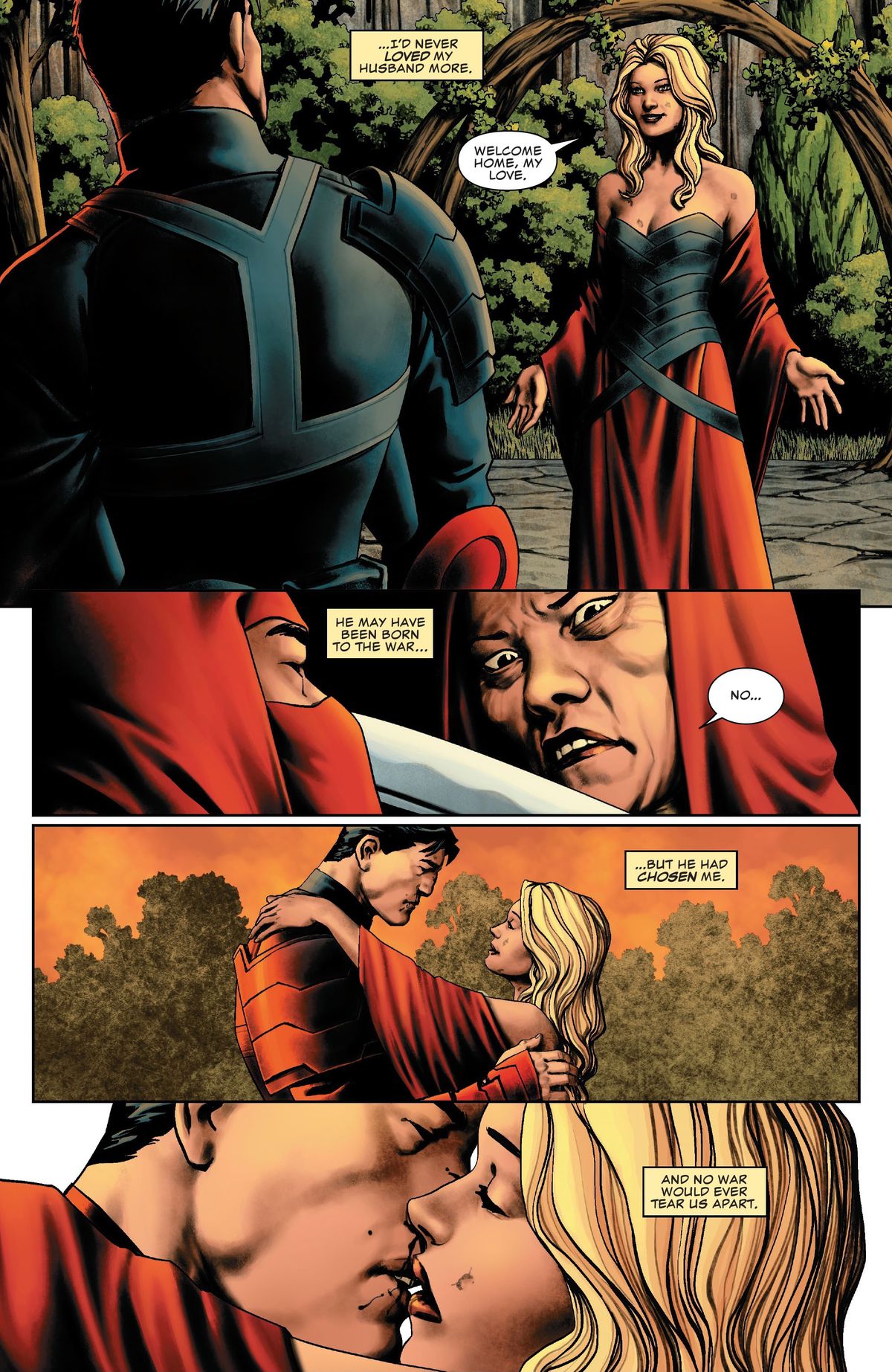 Maria, wearing a villain dress, embraces her husband, musing in narration about how his affinity for murder was made lovable when he showed that he was willing to give it up for her, in Punisher #9 (2023).