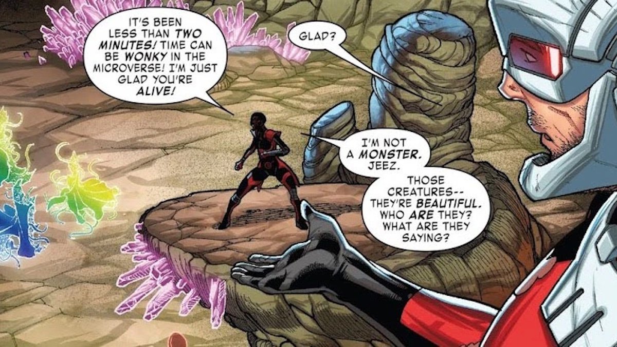 A Marvel Comics panel of Ant-Man explaining how time works there to even smaller creatures
